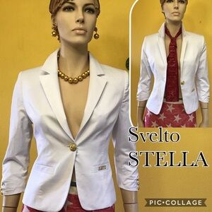 NWT WOMEN 3/4 SLEEVES‎ BLAZER WHITE ELEGANT JACKET LINED GOLD-TONE HARDWARE